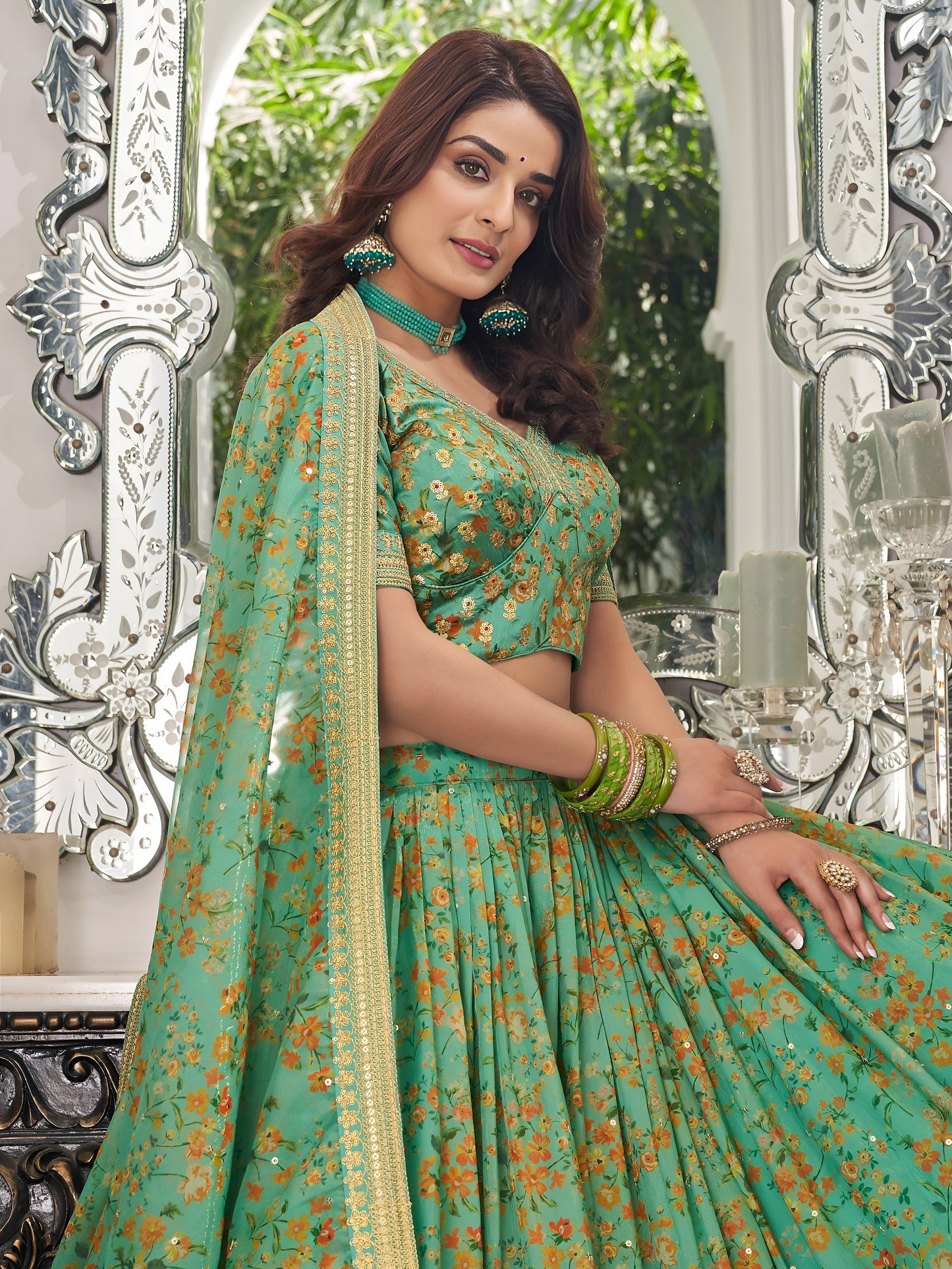 Green Embroidered Organza Function Wear Plus Size Lehenga Choli