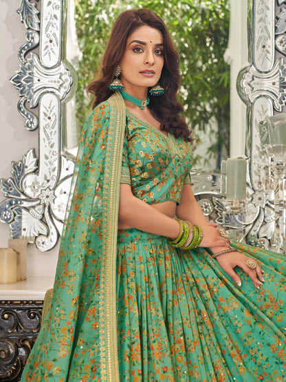Green Embroidered Organza Function Wear Plus Size Lehenga Choli