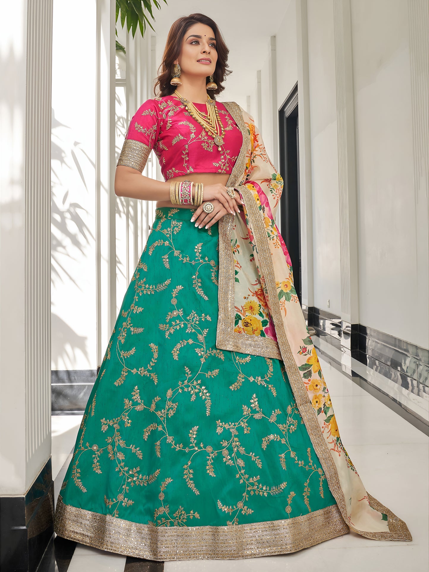Green Sequins Silk Engagement Wear Plus Size Lehenga Choli