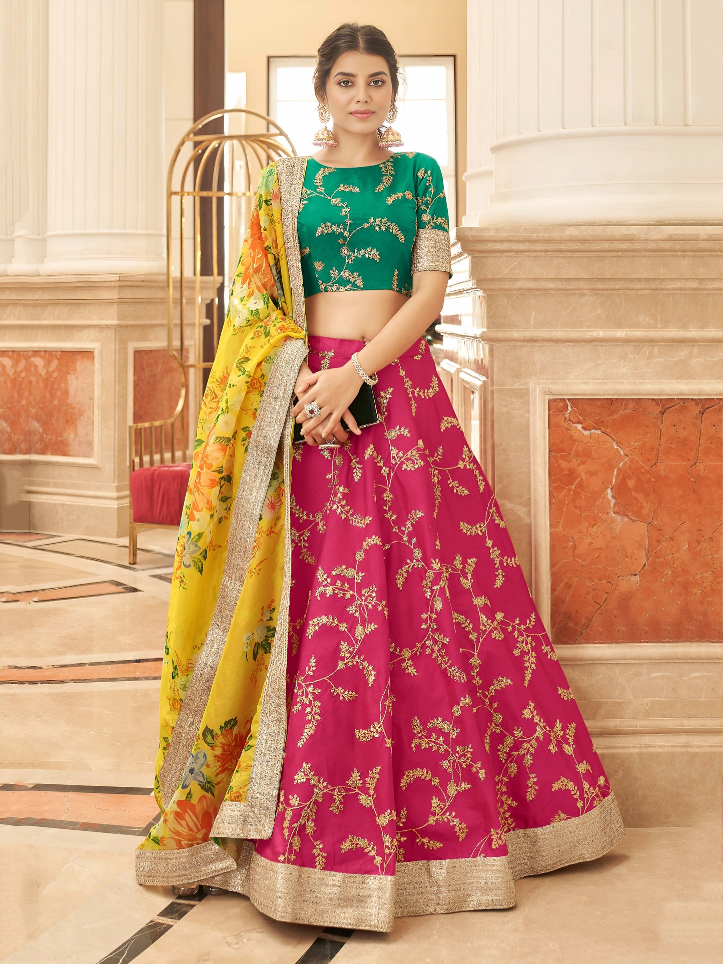 Stylish Pink Embroidered Silk Wedding Wear Plus Size Lehenga Choli