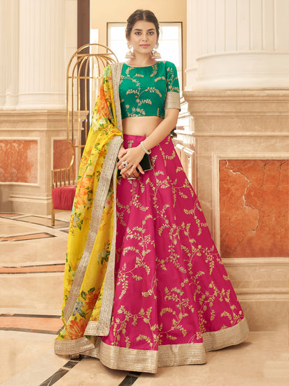 Stylish Pink Embroidered Silk Wedding Wear Plus Size Lehenga Choli