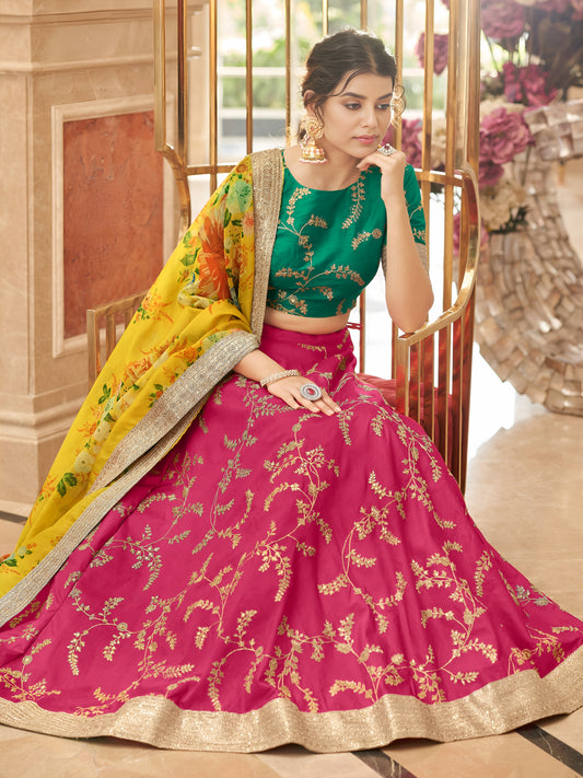 Stylish Pink Embroidered Silk Wedding Wear Plus Size Lehenga Choli