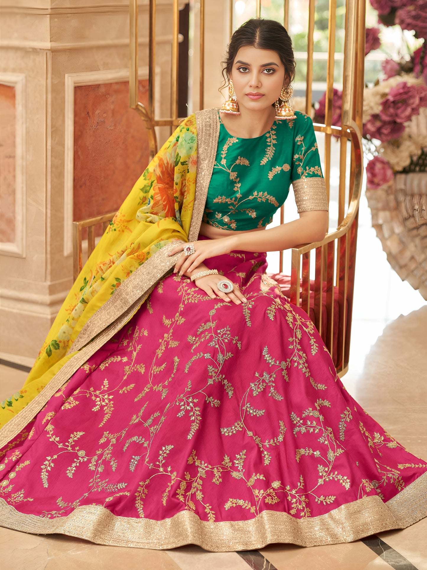 Stylish Pink Embroidered Silk Wedding Wear Plus Size Lehenga Choli