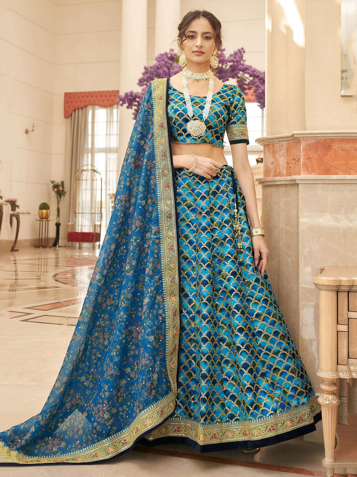 Blue Embroidered Silk Sangeet Wear Plus Size Lehenga Choli