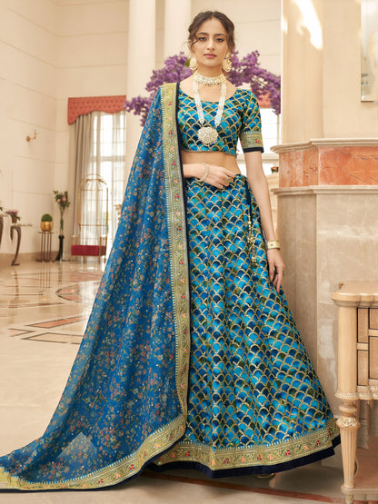 Blue Embroidered Silk Sangeet Wear Plus Size Lehenga Choli