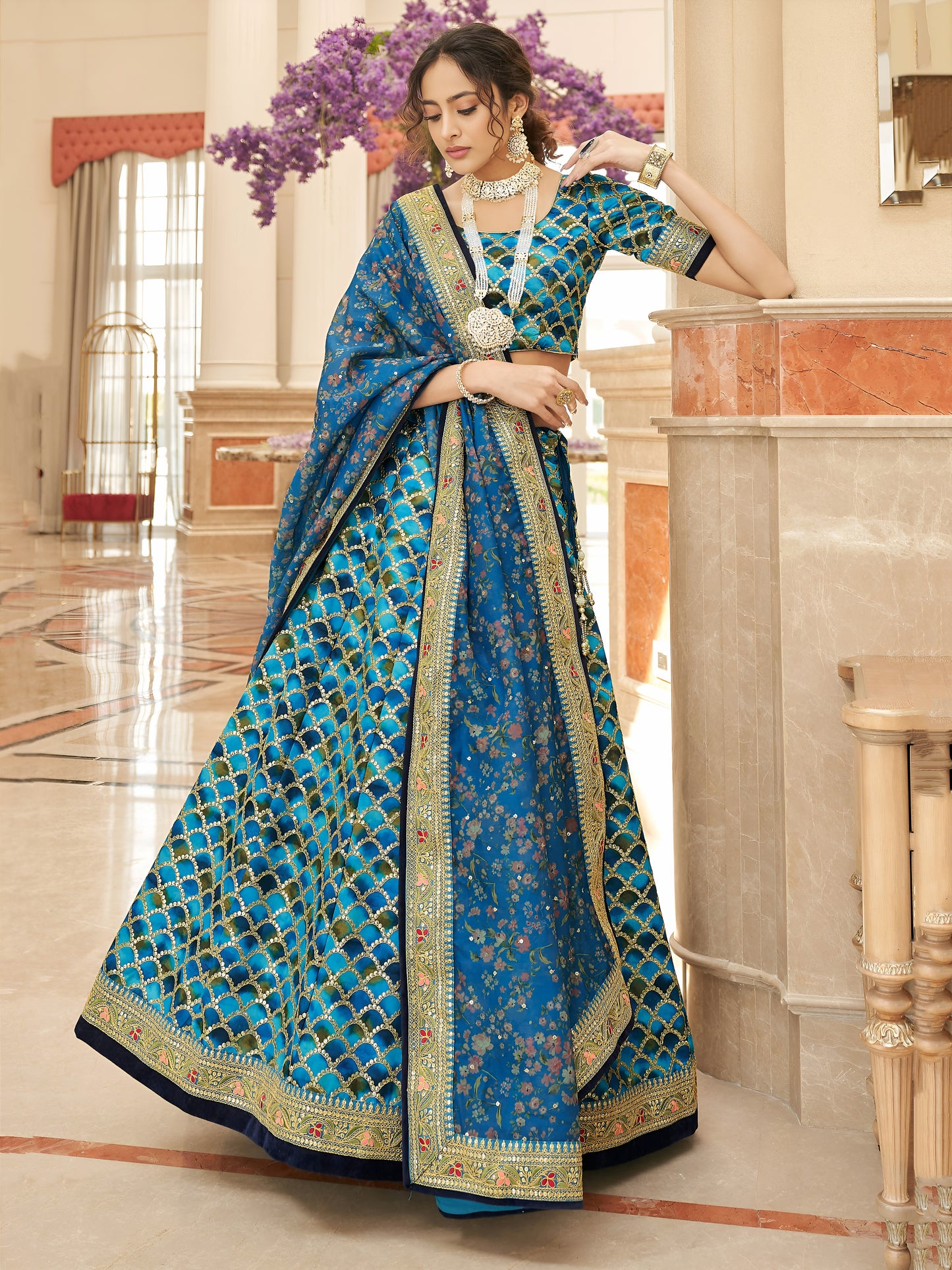 Blue Embroidered Silk Sangeet Wear Plus Size Lehenga Choli