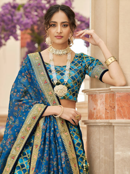 Blue Embroidered Silk Sangeet Wear Plus Size Lehenga Choli