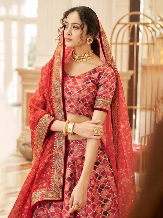 Red Embroidered Silk Function Wear Plus Size Lehenga Choli
