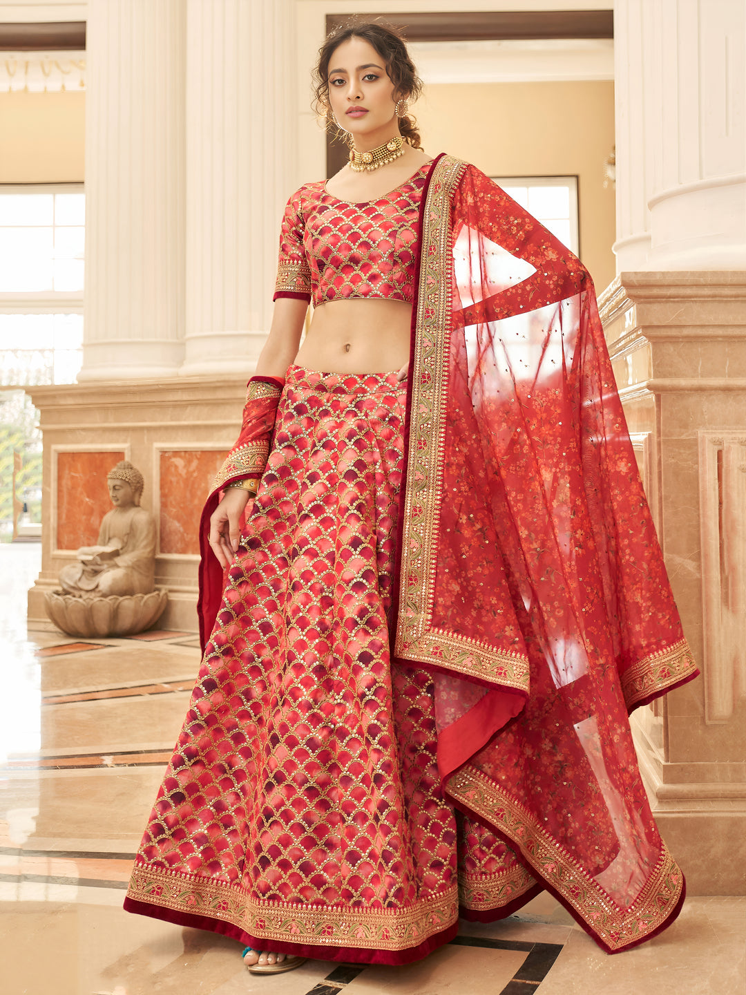 Red Embroidered Silk Function Wear Plus Size Lehenga Choli