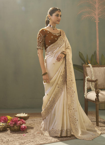 White Premium Silk Saree With Designer Blouse