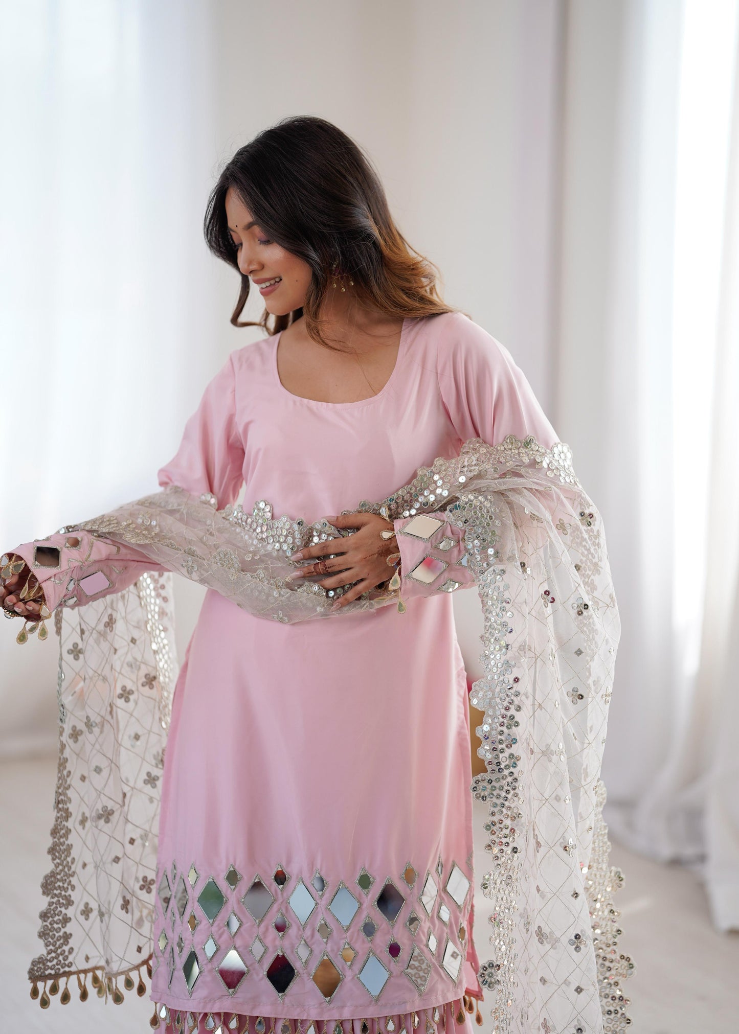 Premium French crep Embroidery Thread Detailing With Real Mirror top & palzzo set