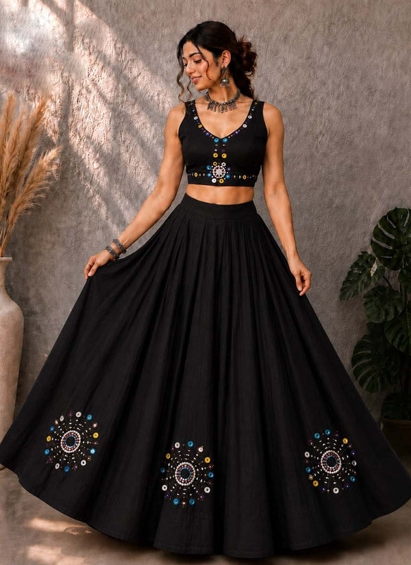 Black Pure Cotton Readymade Navratri Special Lehanga Choli