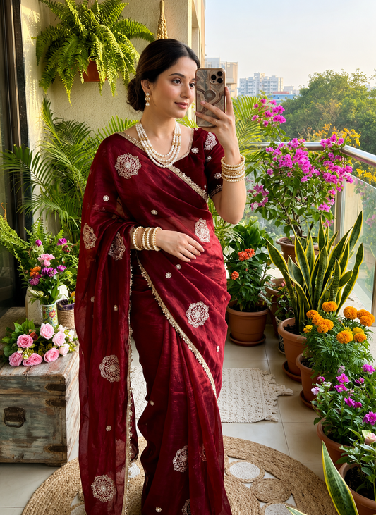 Crimson Pearl Elegance Saree