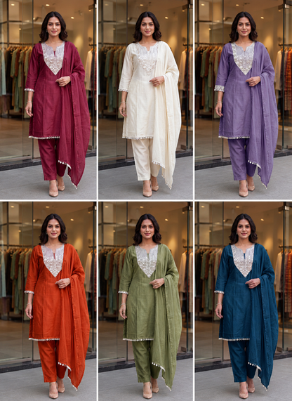 Women's Rust Mirror Work Kurta Pant Dupatta Set