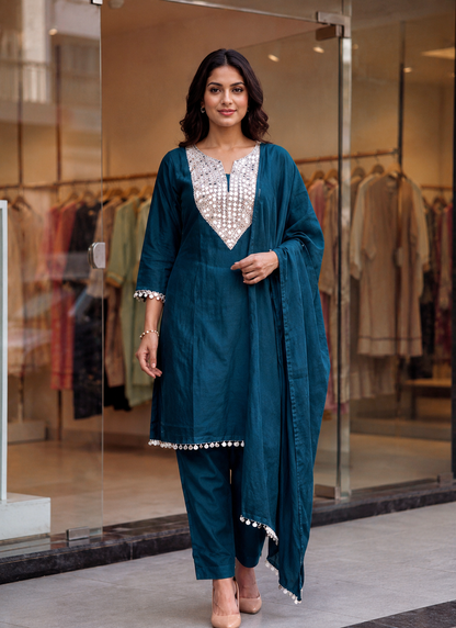 Women's Rust Mirror Work Kurta Pant Dupatta Set
