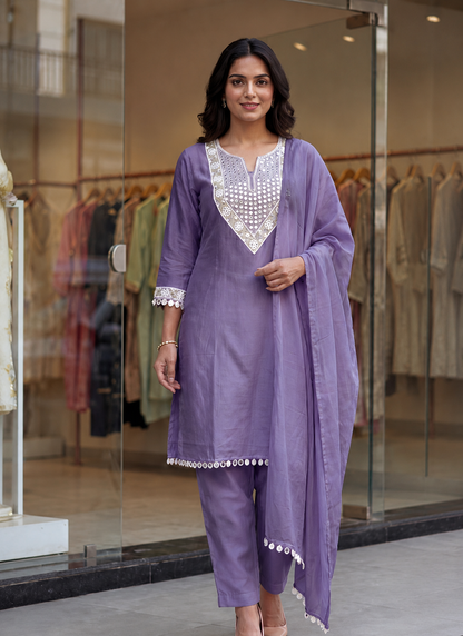 Women's Rust Mirror Work Kurta Pant Dupatta Set