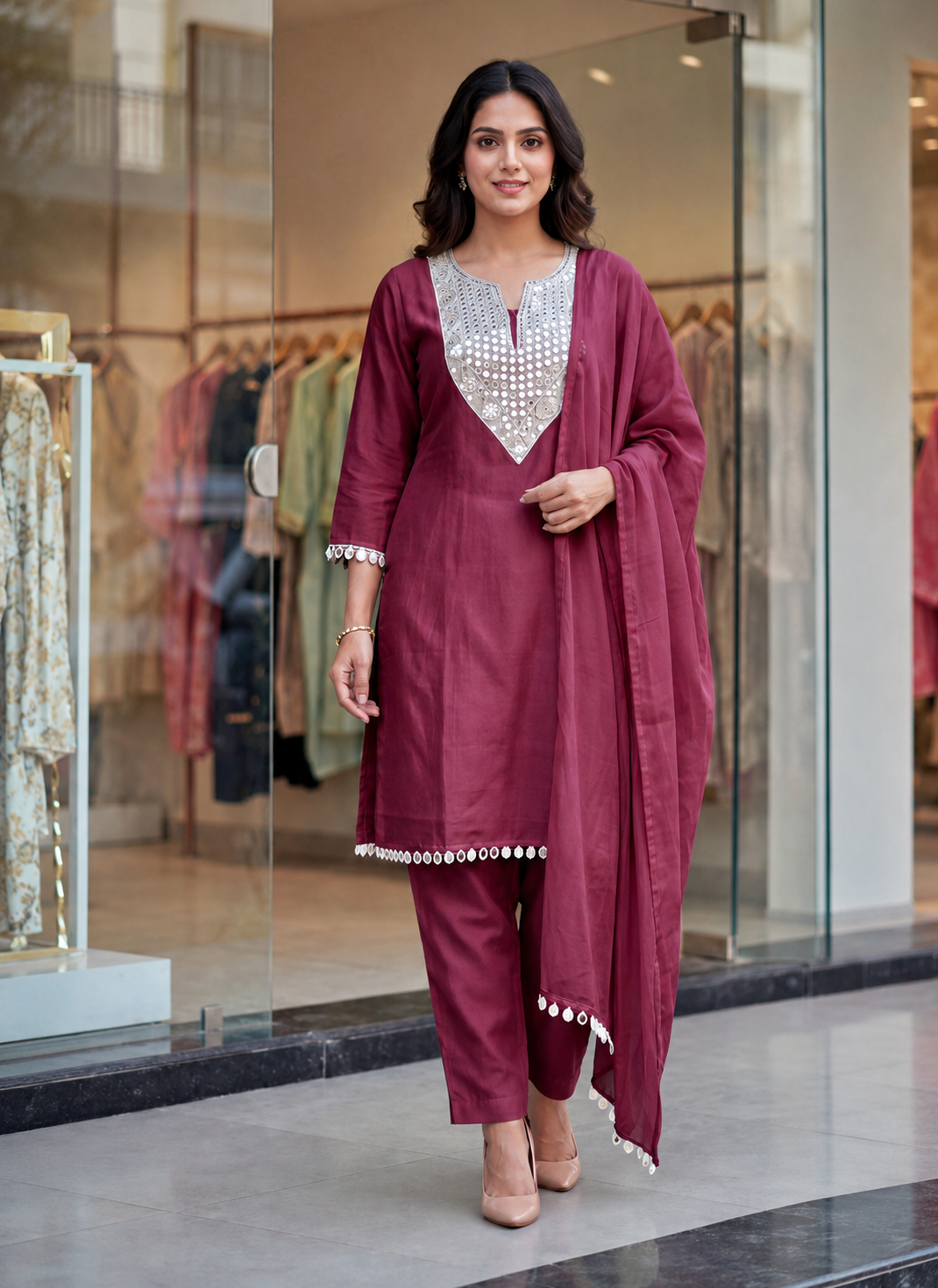 Women's Rust Mirror Work Kurta Pant Dupatta Set