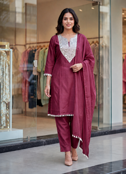 Women's Rust Mirror Work Kurta Pant Dupatta Set