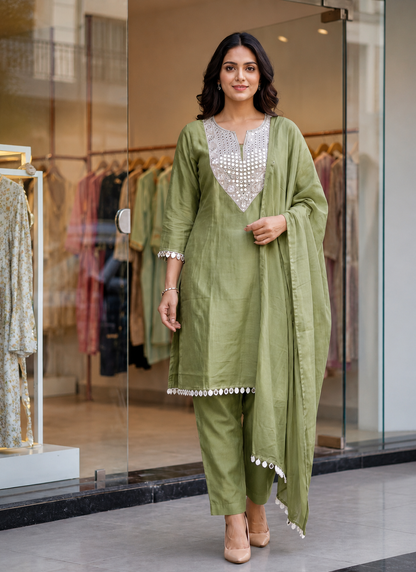 Women's Rust Mirror Work Kurta Pant Dupatta Set