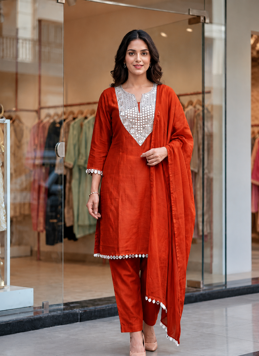 Women's Rust Mirror Work Kurta Pant Dupatta Set