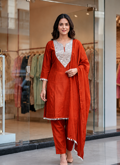 Women's Rust Mirror Work Kurta Pant Dupatta Set