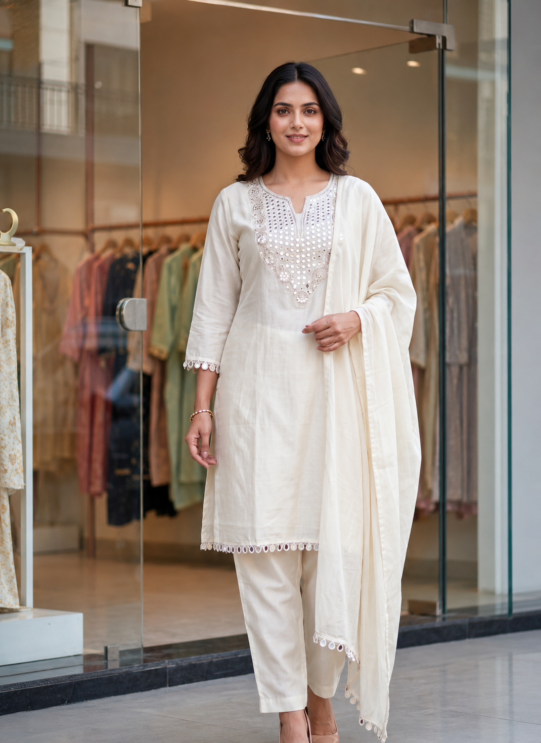 Women's Rust Mirror Work Kurta Pant Dupatta Set