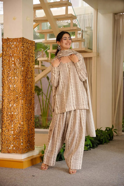 Elegant Beige Printed Ethnic Co-Ord Set With Dupatta