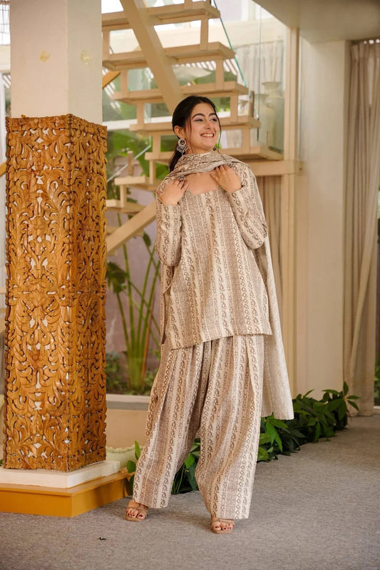 Elegant Beige Printed Ethnic Co-Ord Set With Dupatta