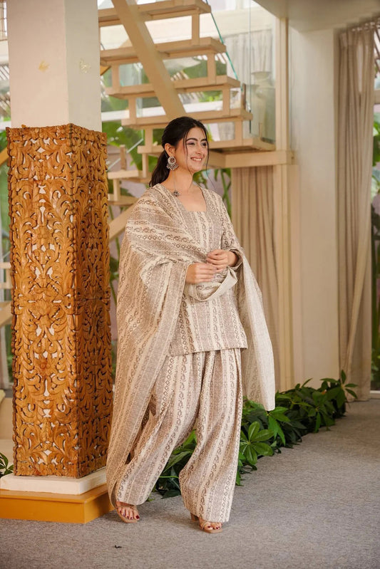 Elegant Beige Printed Ethnic Co-Ord Set With Dupatta