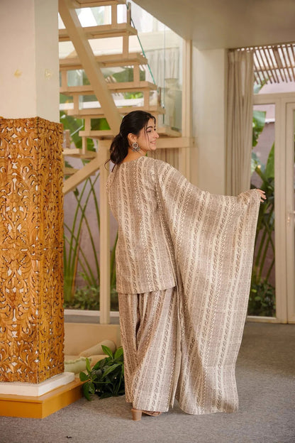 Elegant Beige Printed Ethnic Co-Ord Set With Dupatta