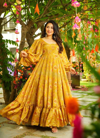 yello colour heavy chinon stunning Beautiful digital printed Ethnic wear gown set collection
