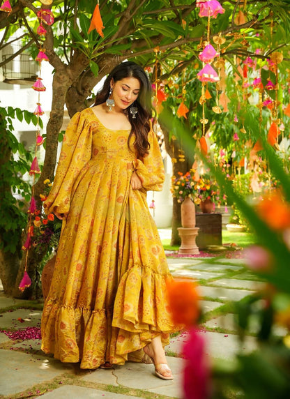 yello colour heavy chinon stunning Beautiful digital printed Ethnic wear gown set collection