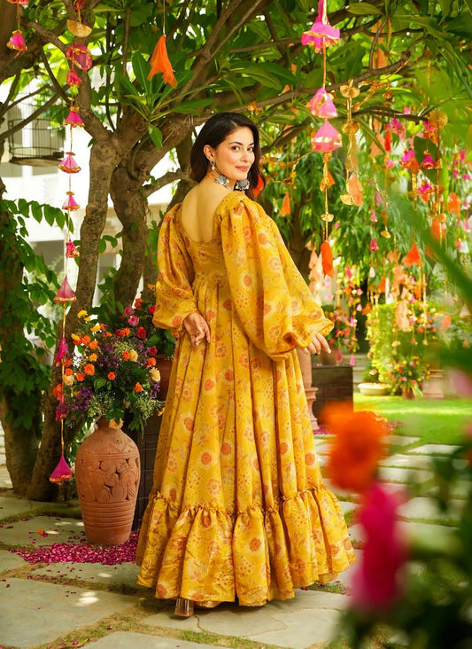 yello colour heavy chinon stunning Beautiful digital printed Ethnic wear gown set collection