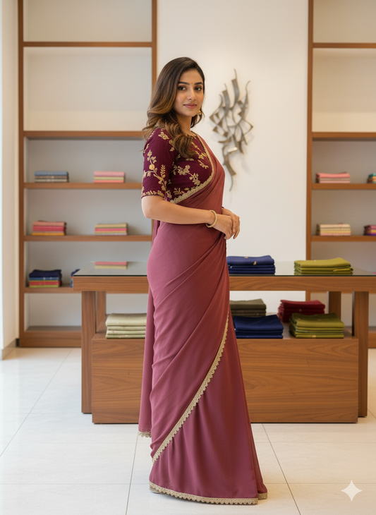 Wine Embroidered Party Wear Saree