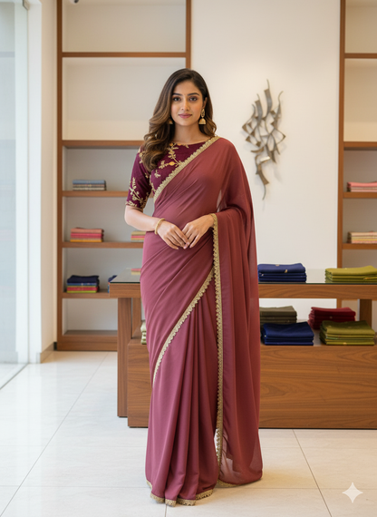 Wine Embroidered Party Wear Saree