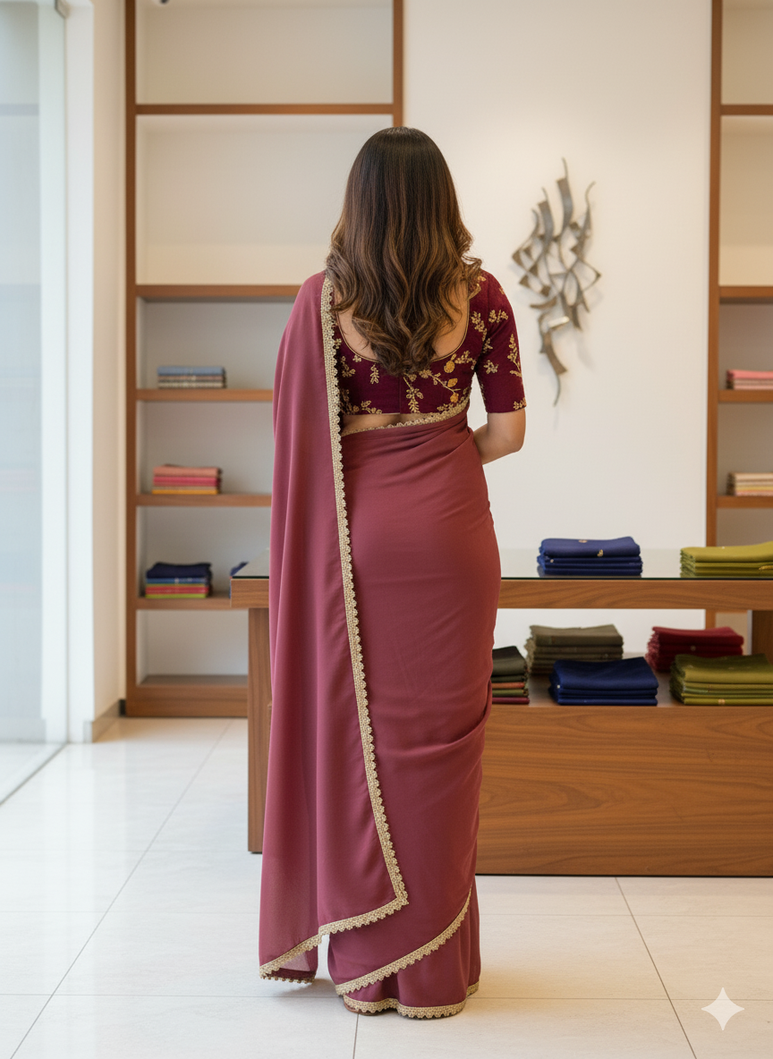 Wine Embroidered Party Wear Saree