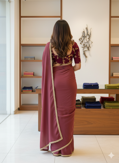 Wine Embroidered Party Wear Saree