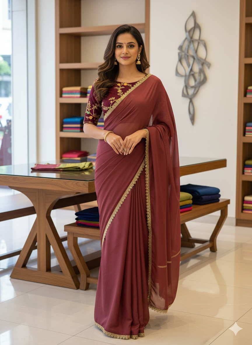 Wine Embroidered Party Wear Saree