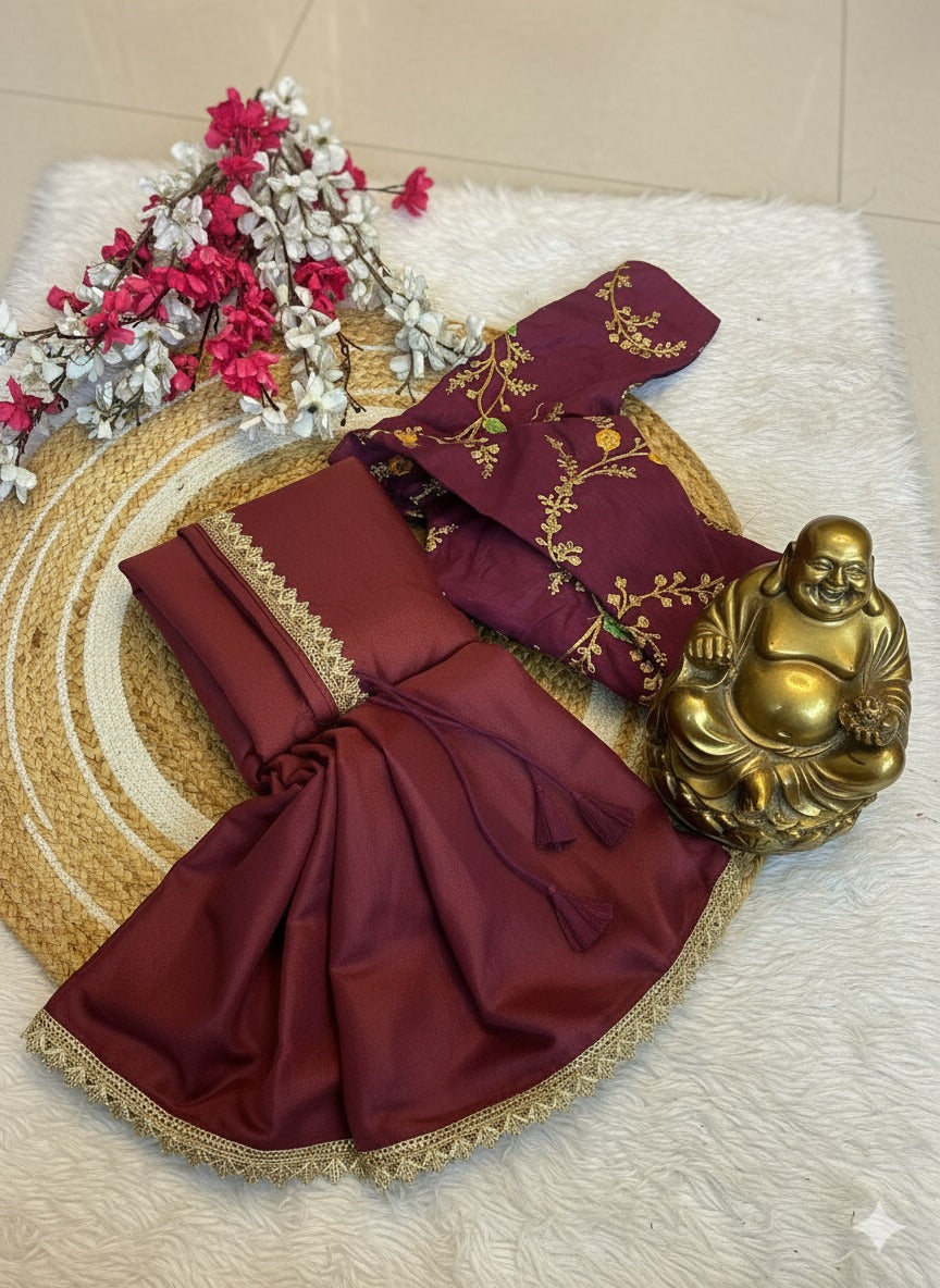 Wine Embroidered Party Wear Saree