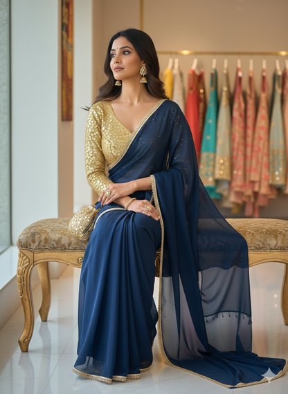 Navy Blue Sequins Designer Saree