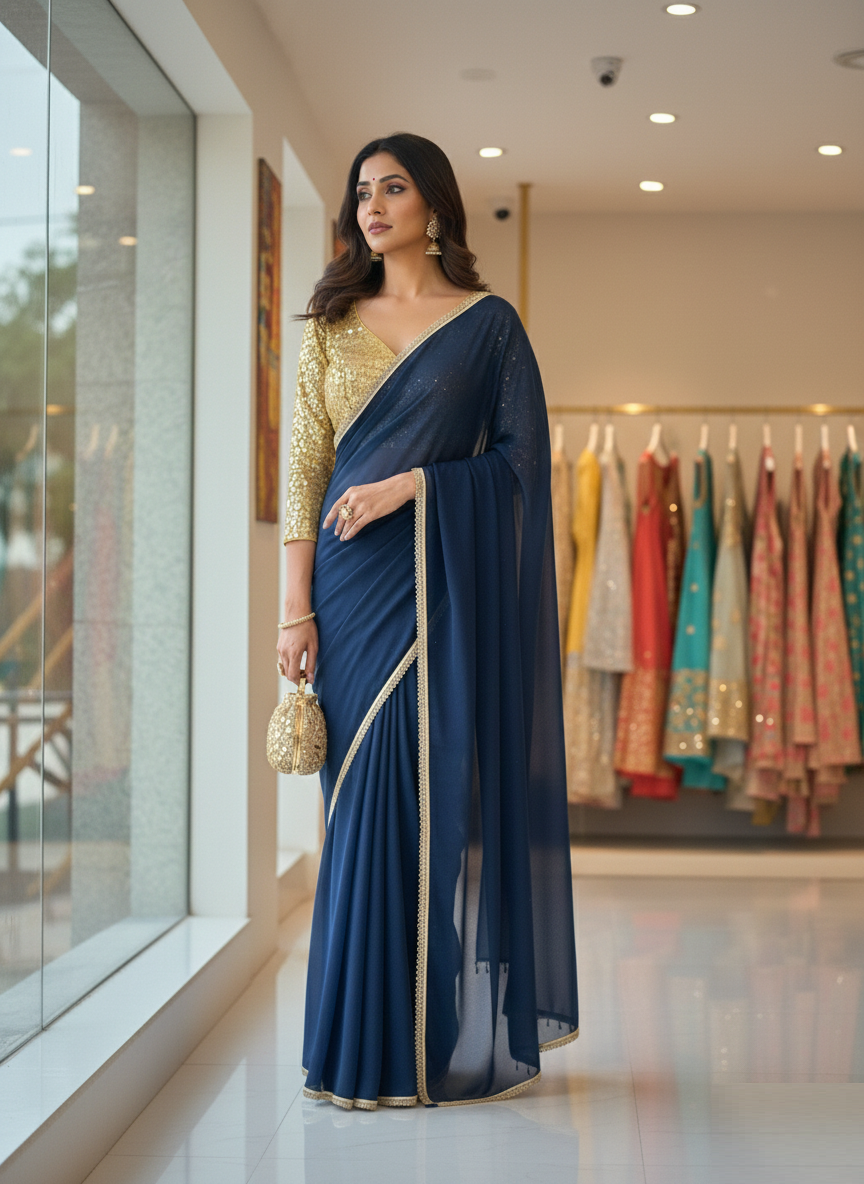 Navy Blue Sequins Designer Saree
