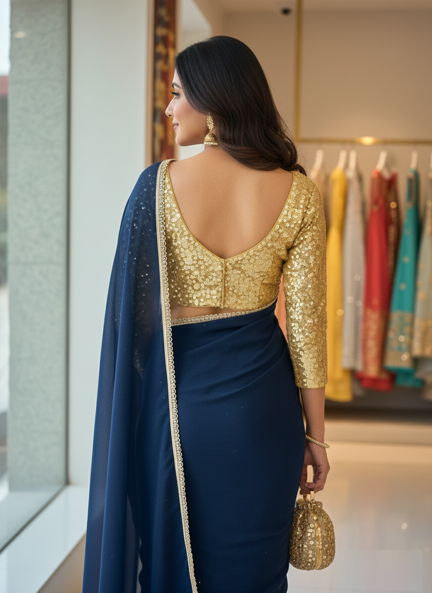 Navy Blue Sequins Designer Saree