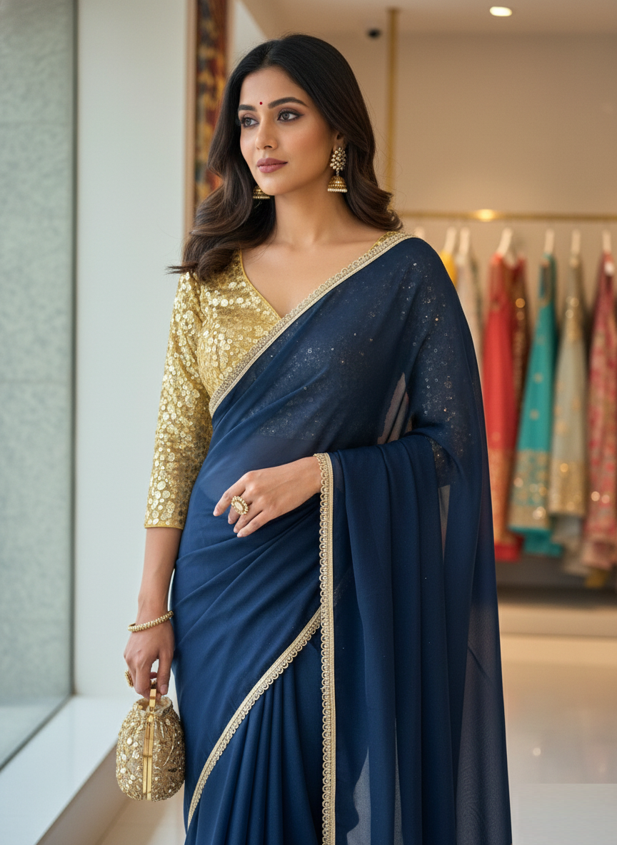 Navy Blue Sequins Designer Saree