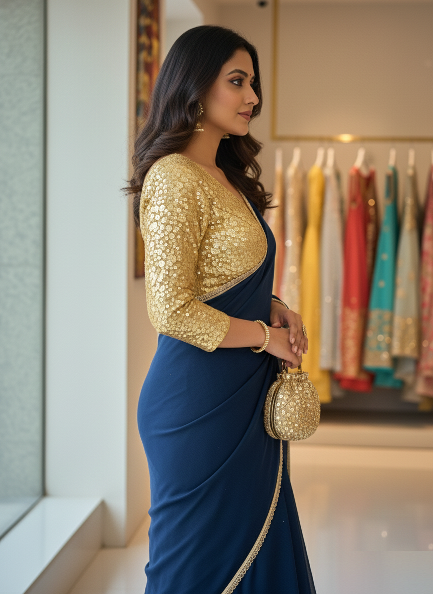Navy Blue Sequins Designer Saree