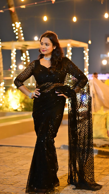 Black Net Sequin Party Wear Saree