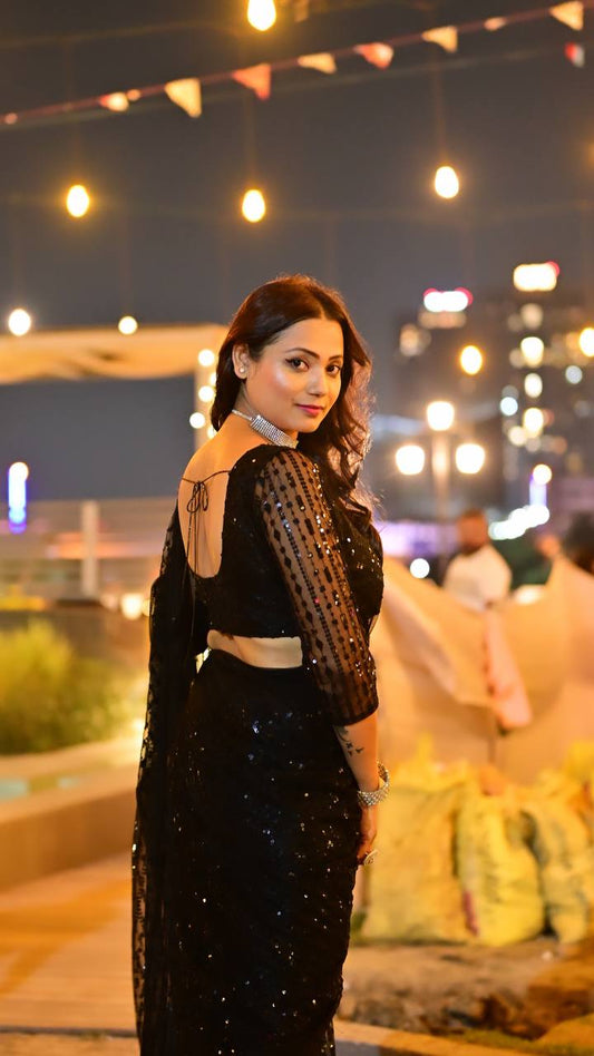 Black Net Sequin Party Wear Saree