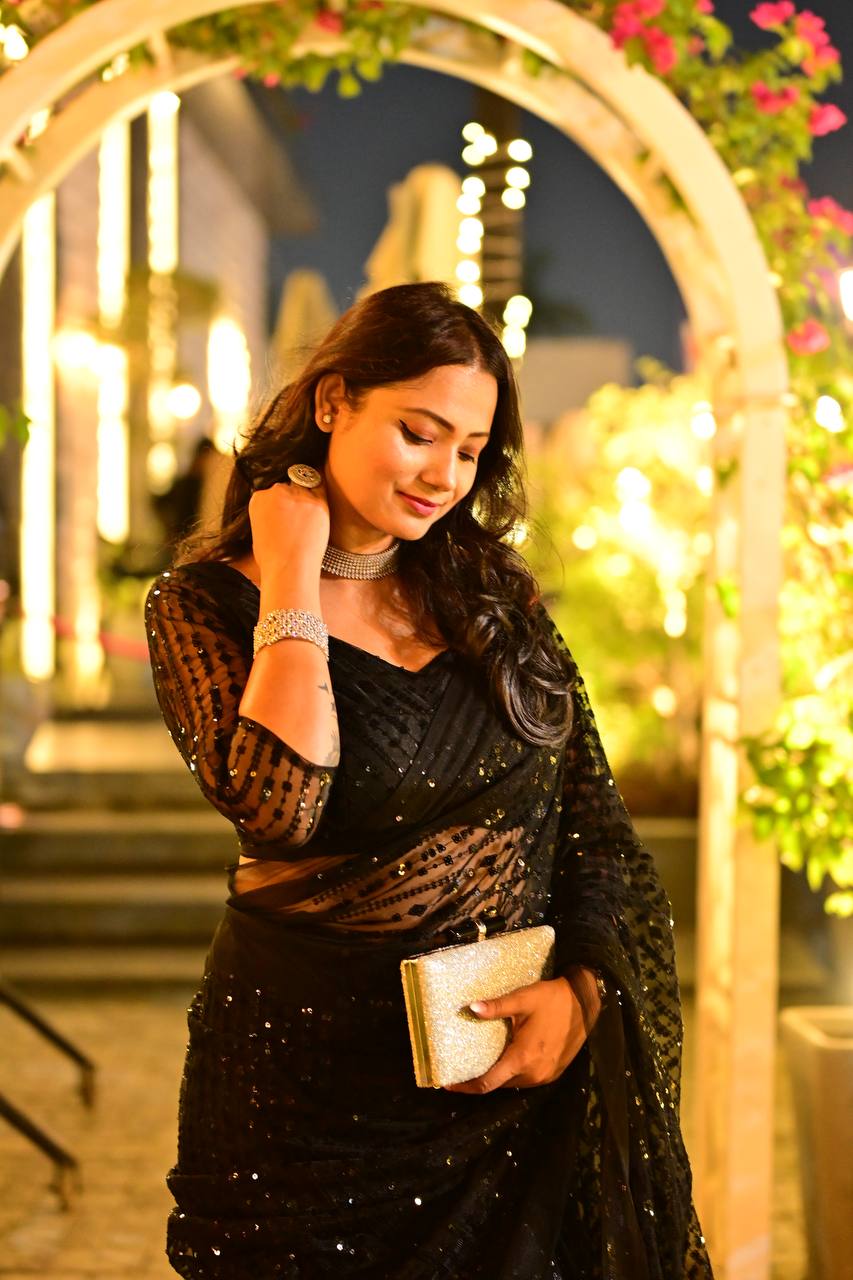 Black Net Sequin Party Wear Saree