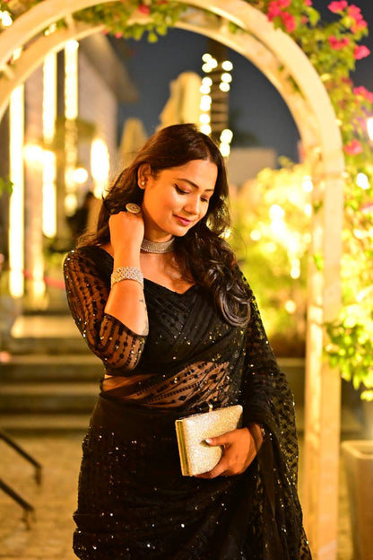 Black Net Sequin Party Wear Saree