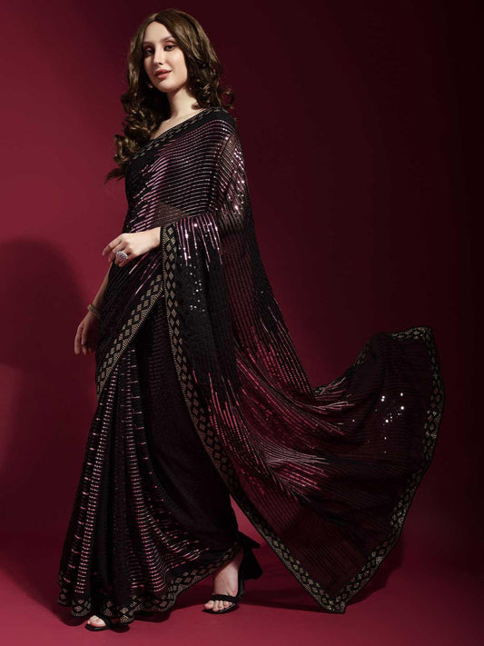 Black Glitter Designer Saree for Women
