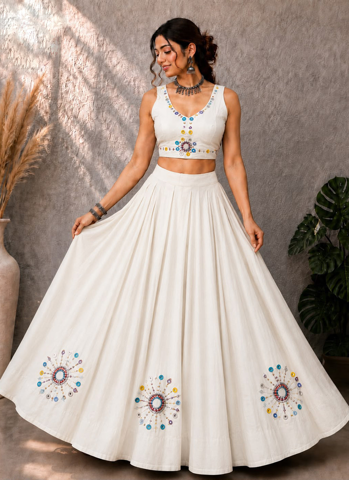 White Pure Cotton Readymade Navratri Special Lehanga Choli